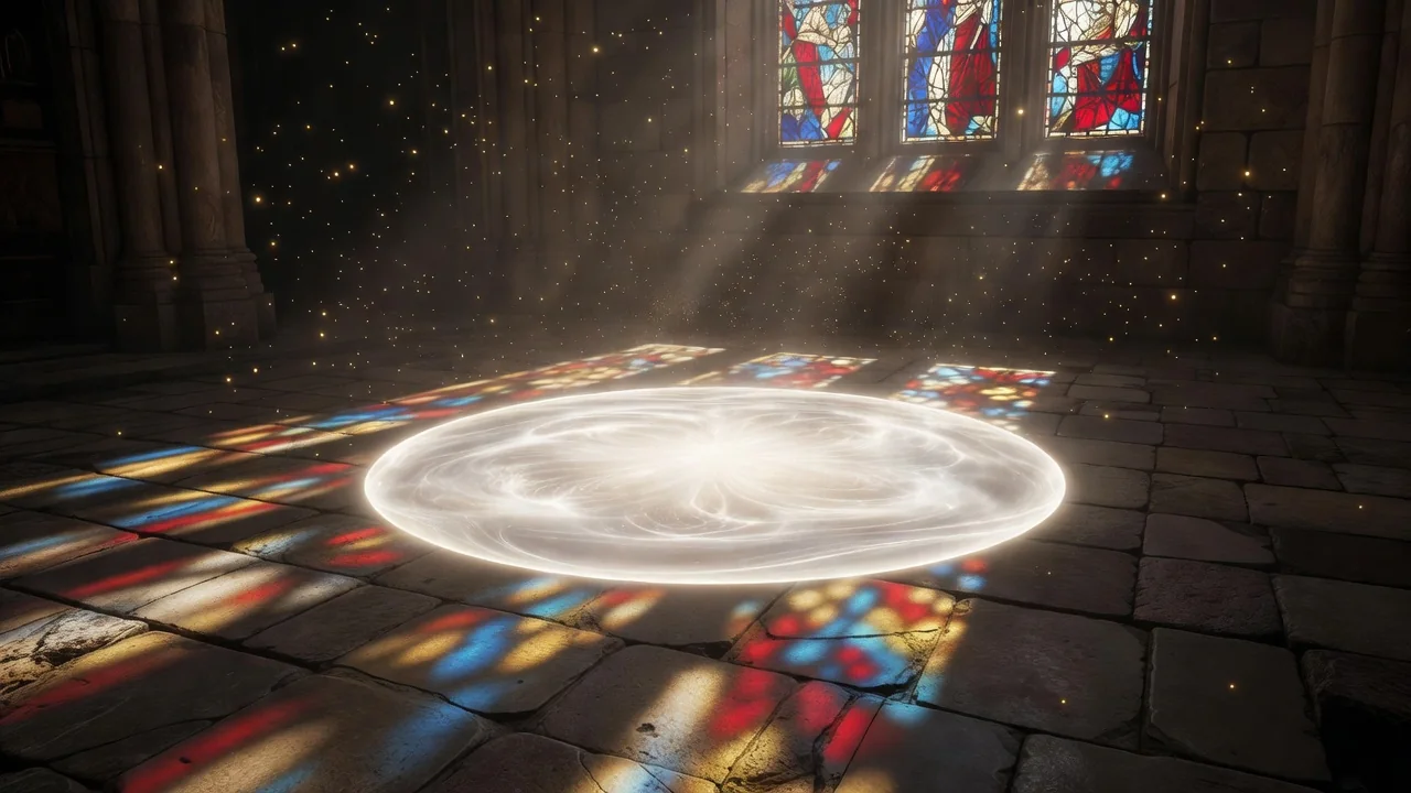 A glowing sanctuary circle of light on ancient stone church floor