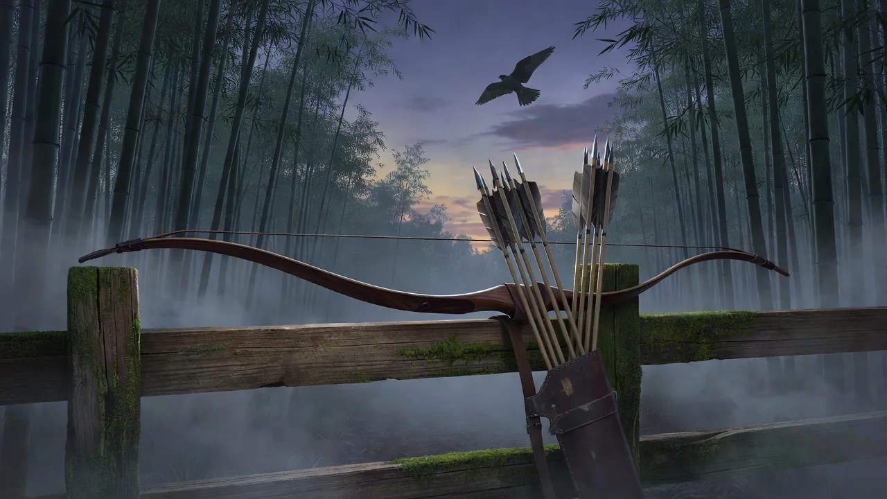 A hunting bow and quiver of arrows resting on a wooden fence at a forest edge