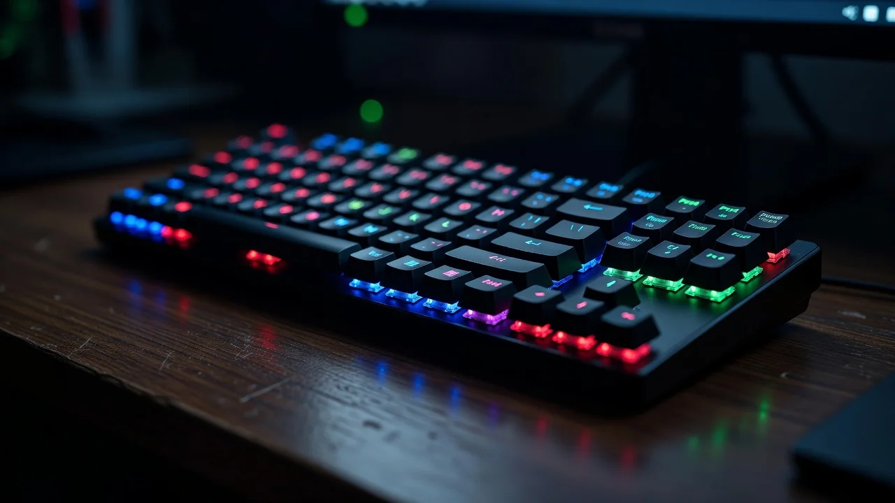 A backlit gaming keyboard glowing in red, blue and green on a dark desk