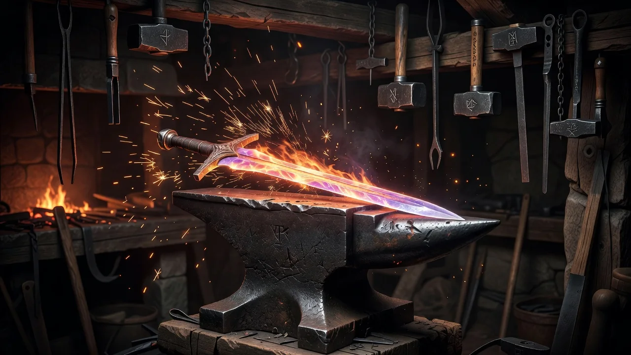 A blacksmith anvil with a glowing sword being refined, sparks flying in a workshop