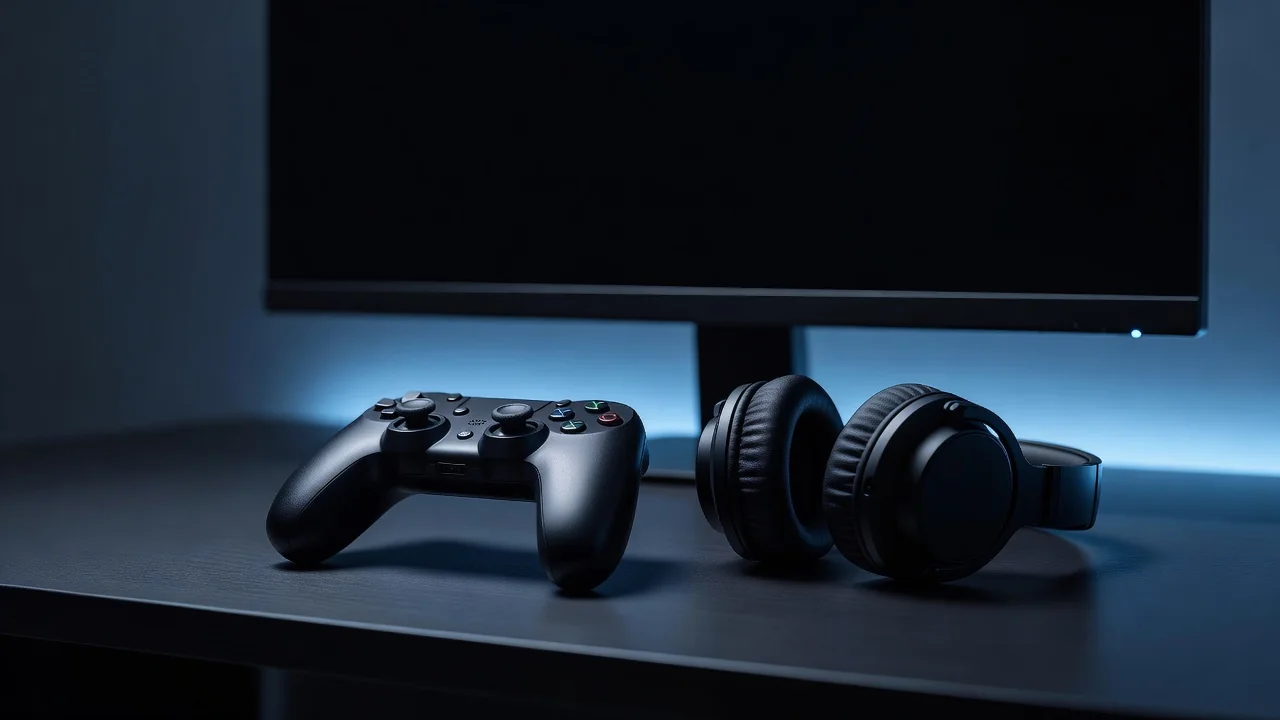 A gamepad and headphones on a dark desk in front of a turned-off monitor
