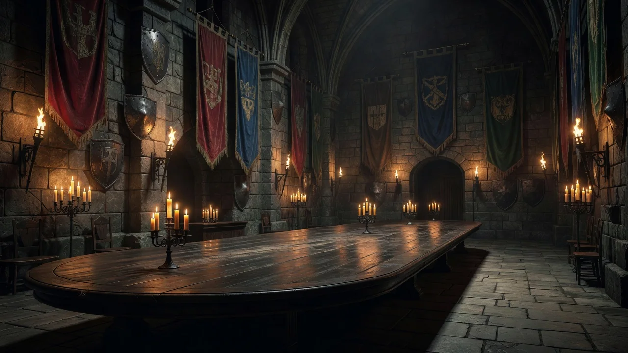 Banners and a guild emblem hanging in a castle hall meeting room