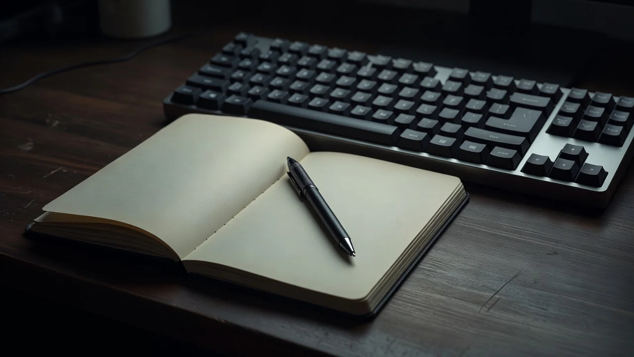 A notebook and pen beside a mechanical keyboard on a dark desk