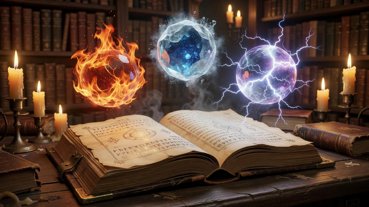 Arcane runes and elemental fire glowing above an open spellbook in a library