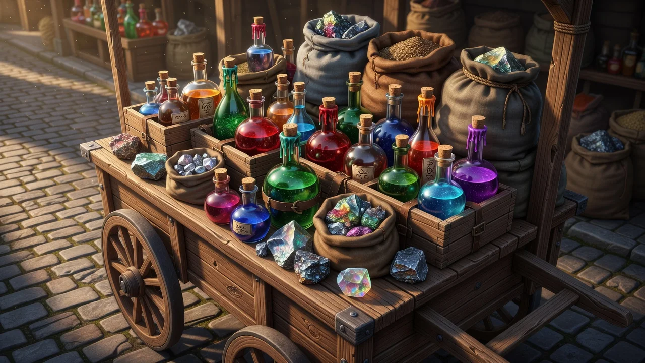 A merchant pushcart loaded with potions, ores and goods in a market street