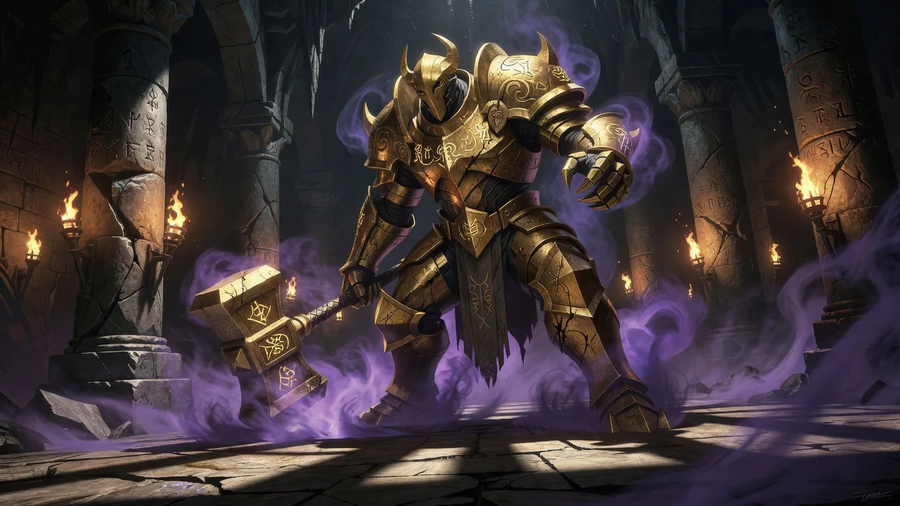 A colossal armored boss monster looming in a torchlit dungeon arena