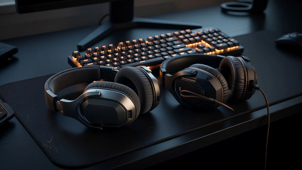 Two gaming headsets on a dark desk beside a backlit keyboard