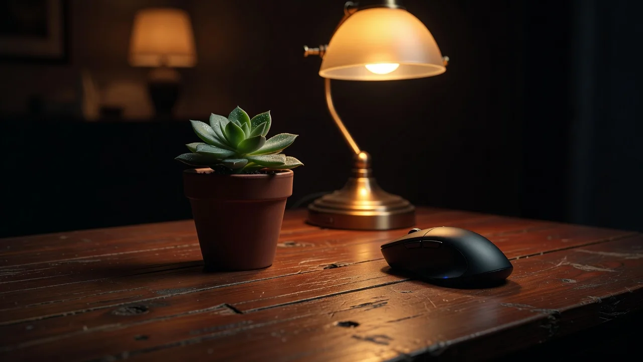 A small succulent and a warm desk lamp beside a gaming mouse on a wooden desk at night