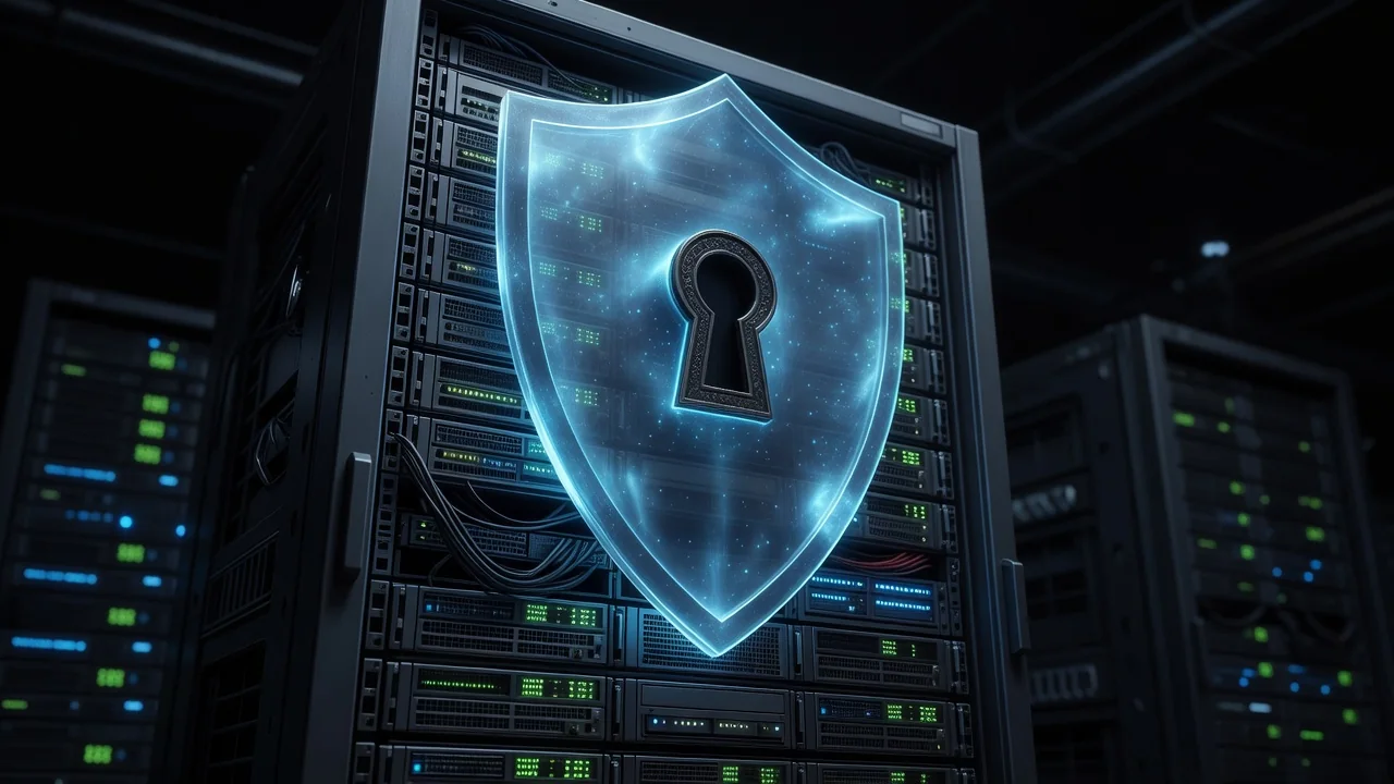 A shield and lock icon glowing over a server rack in a dark data room