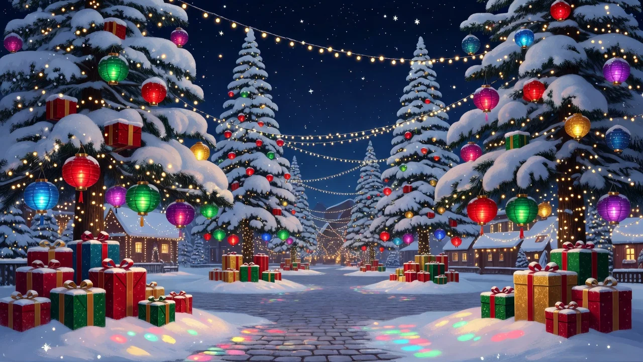 A snowy festival town square with lanterns, gift boxes and decorated pine trees