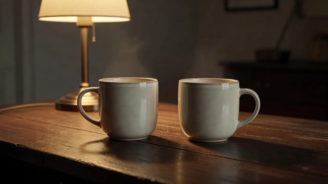 Two matching mugs on a dark wooden desk beside a softly glowing lamp