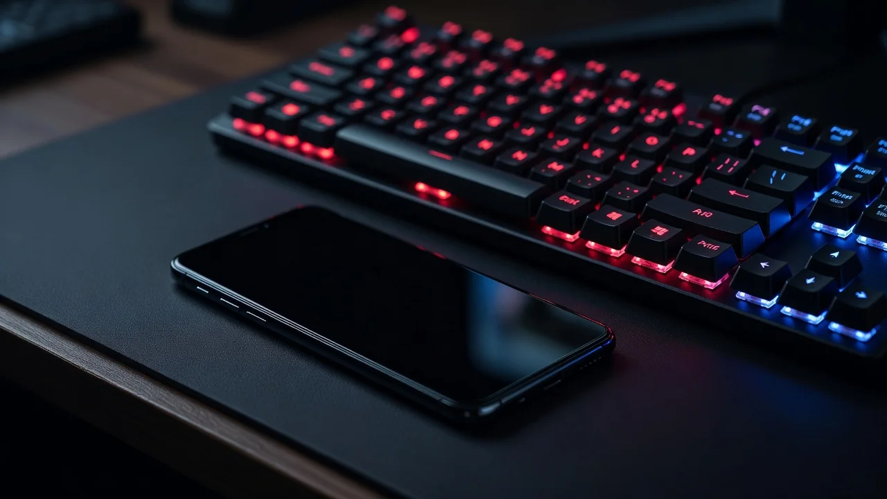 A smartphone lying beside a gaming keyboard on a dark desk, both screens off