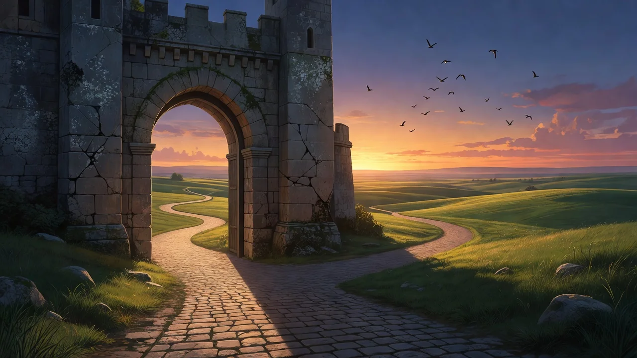 An old fantasy city gate at sunrise with a road leading into green fields