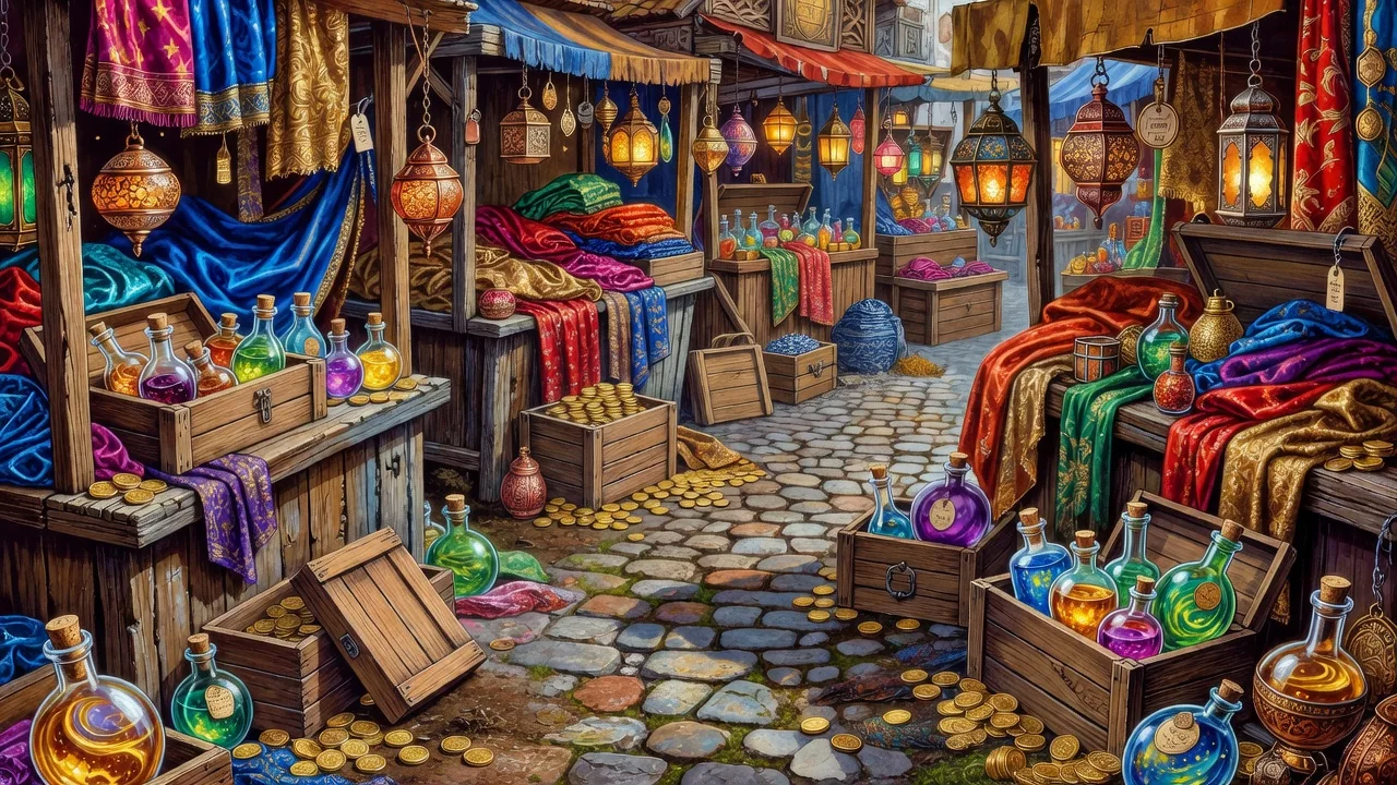 A busy fantasy marketplace square with stalls, crates and hanging lanterns