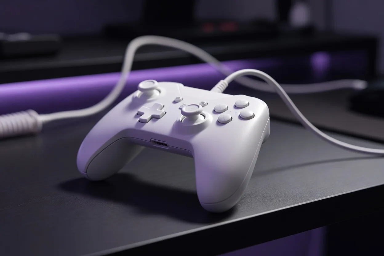 A white game controller on a dark desk under soft purple ambient light