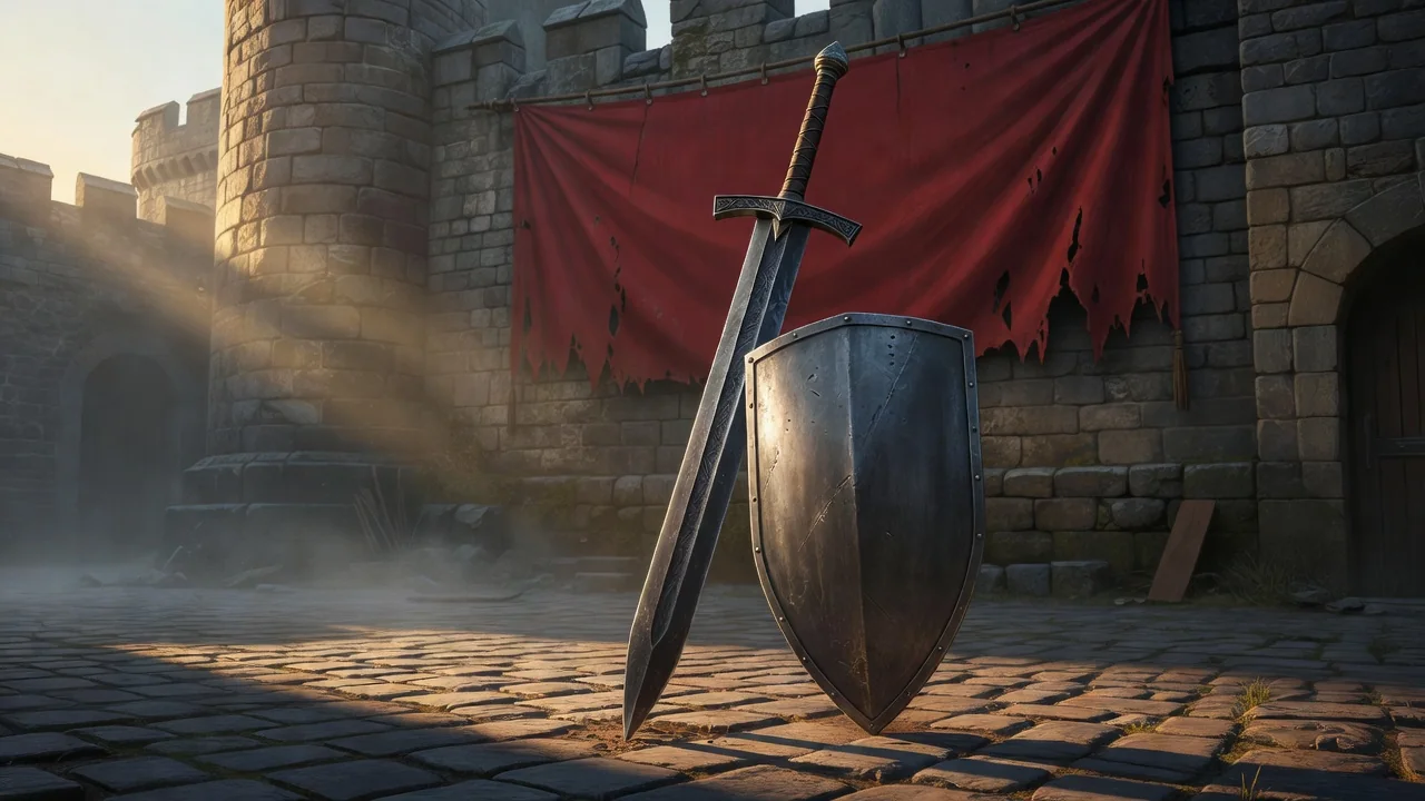 A heavy two-handed sword planted in a castle courtyard training dummy