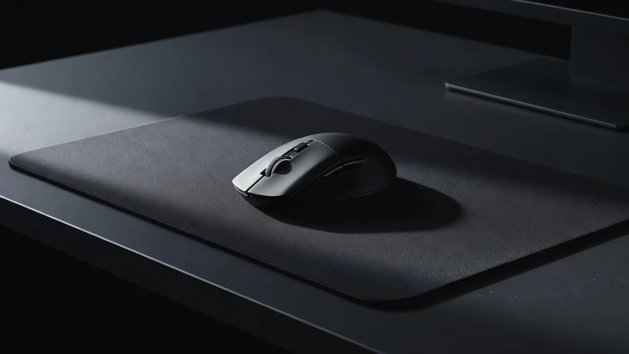 A black gaming mouse on a large dark mousepad under dramatic side lighting