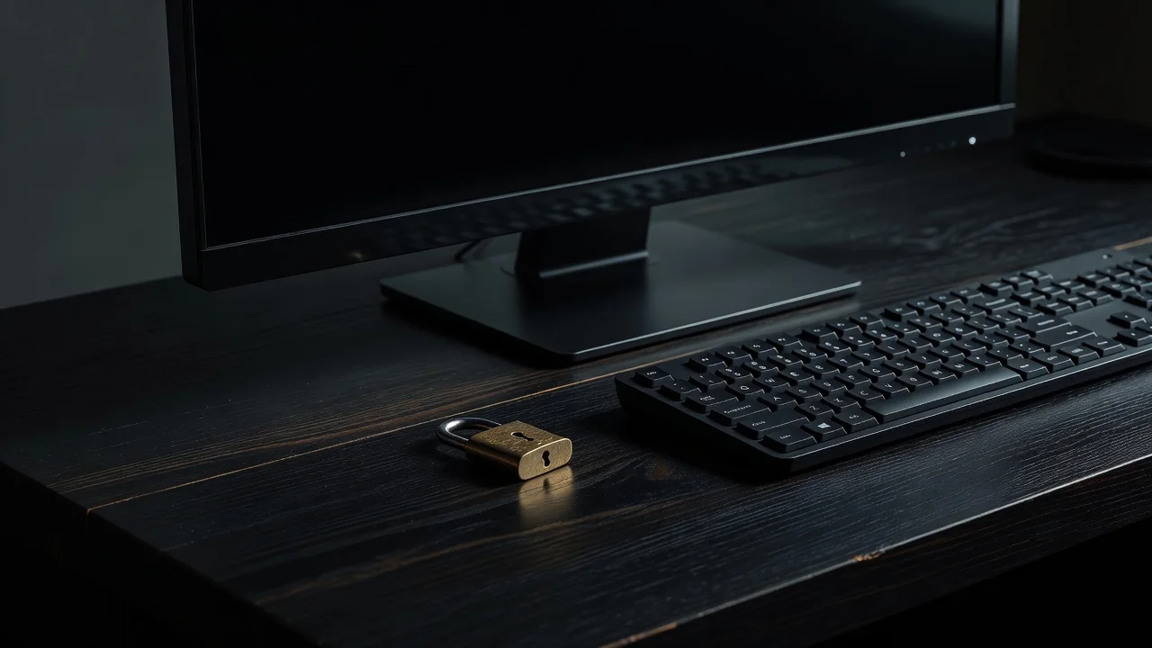 A dark desk with a monitor showing a black screen and a padlock beside the keyboard