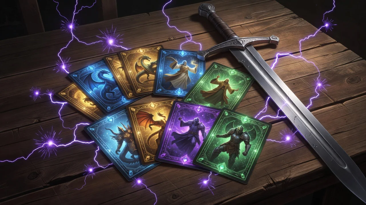 Glowing monster cards arranged on a wooden table next to a sword