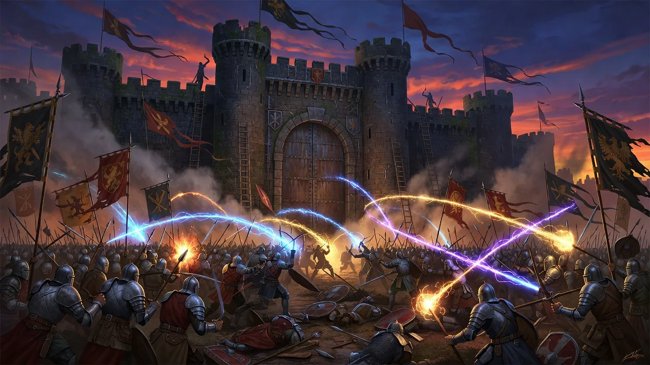 Guild battle at the gates of a medieval stone castle at dusk