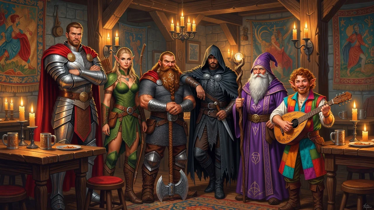 Six fantasy adventurers of different classes standing in a line