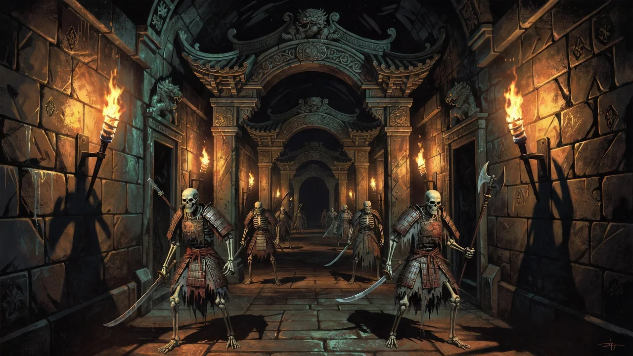 Torch-lit stone dungeon corridor with skeleton monsters