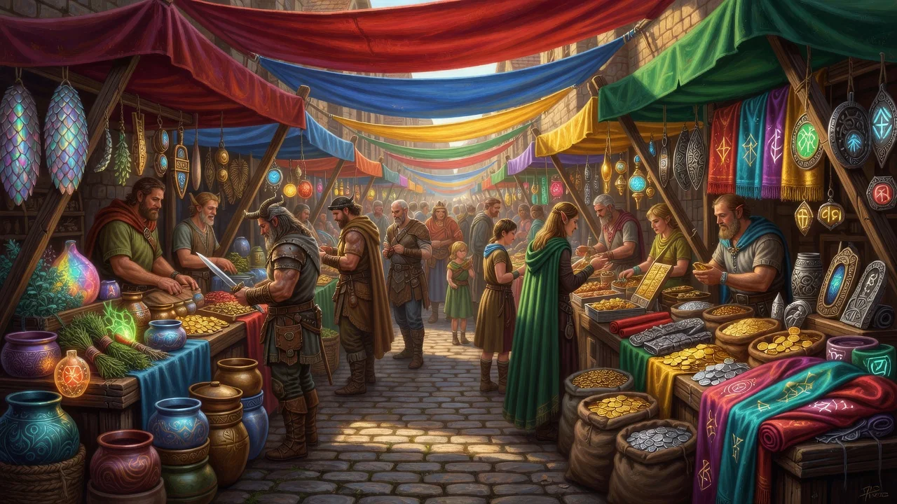 Rows of player vending stalls with colorful goods in a market street