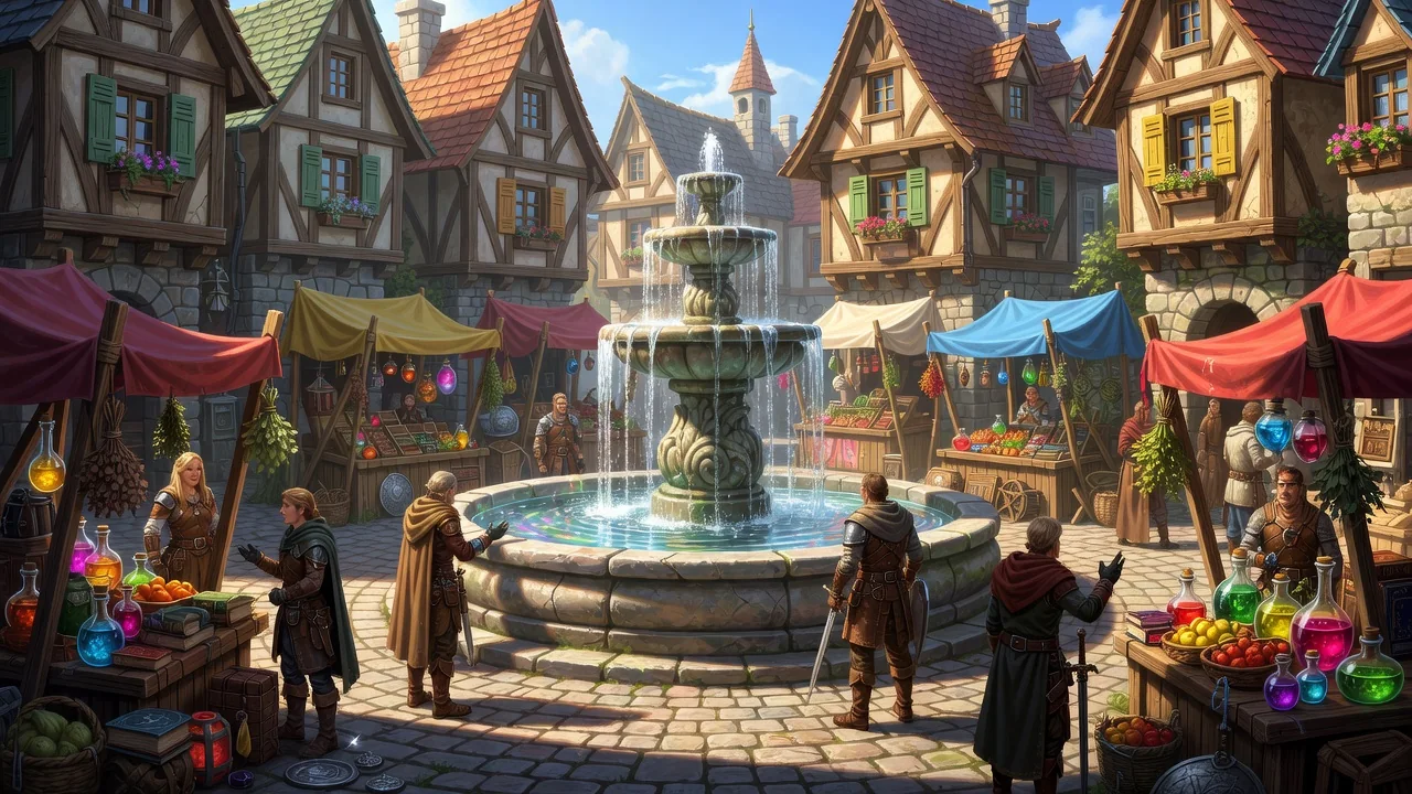 Busy town square of Prontera with player stalls and a fountain
