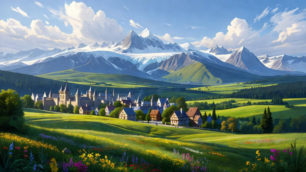 Panoramic fantasy landscape of green fields, a castle town and distant mountains