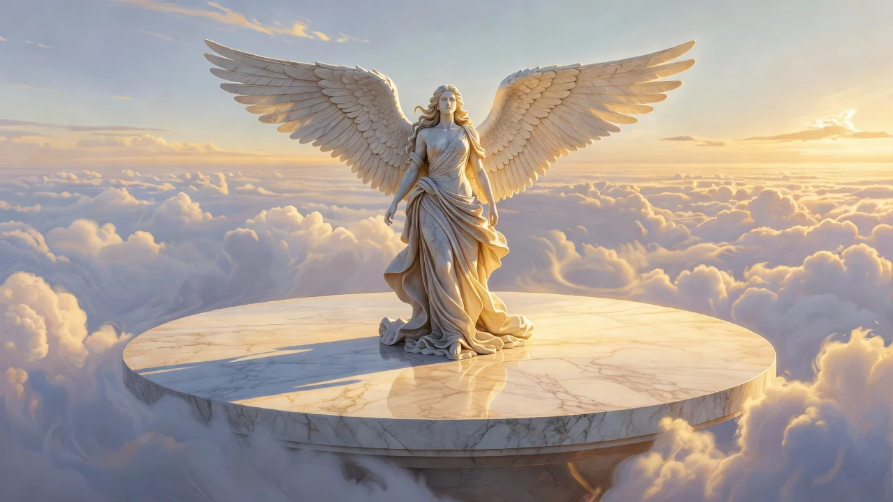 Radiant winged valkyrie statue on a marble platform above the clouds